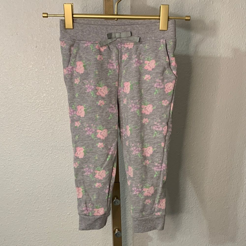 Janie and Jack- Toddler Gray Joggers with Pink Floral Pattern-3T